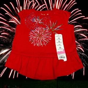 Jumping Beans Girls Top Sz 12 Mo Red Peplum Short Sleeve Fireworks Patriotic NEW